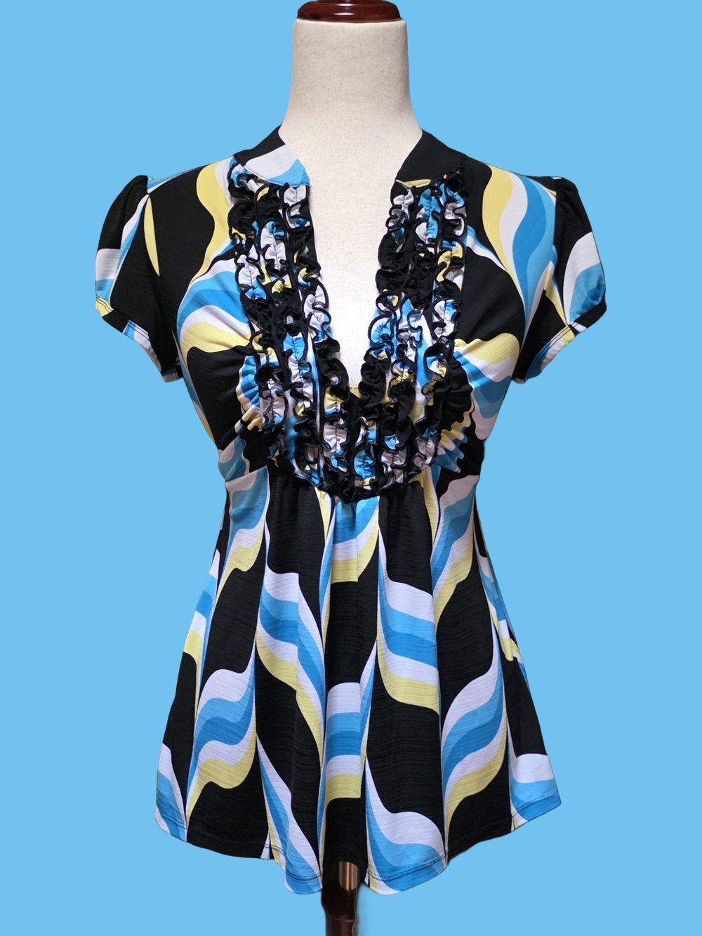 Y2K Blue Yellow Black Geometric Ruffle Short Sleeve Top